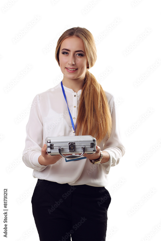 Beautiful young woman is holding a suitcase , isolated on white Beautiful young woman is holding a suitcase , isolated on white
