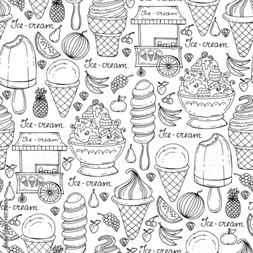 Vector pattern with hand drawn ice cream and fruits on white