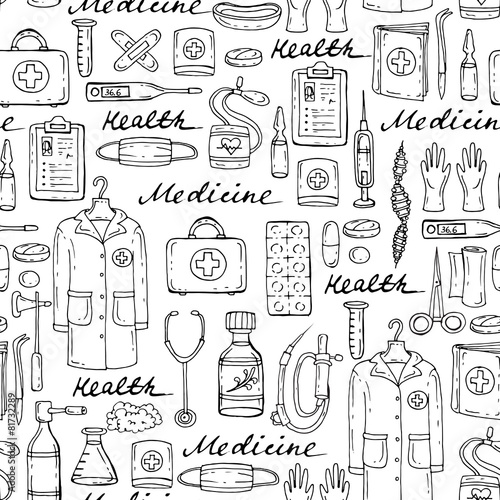 Vector pattern with hand drawn medical symbols on white color
