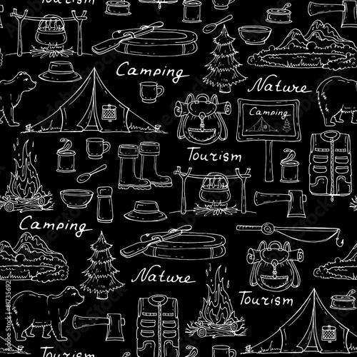 Vector pattern with hand drawn tourism, camping symbols on black