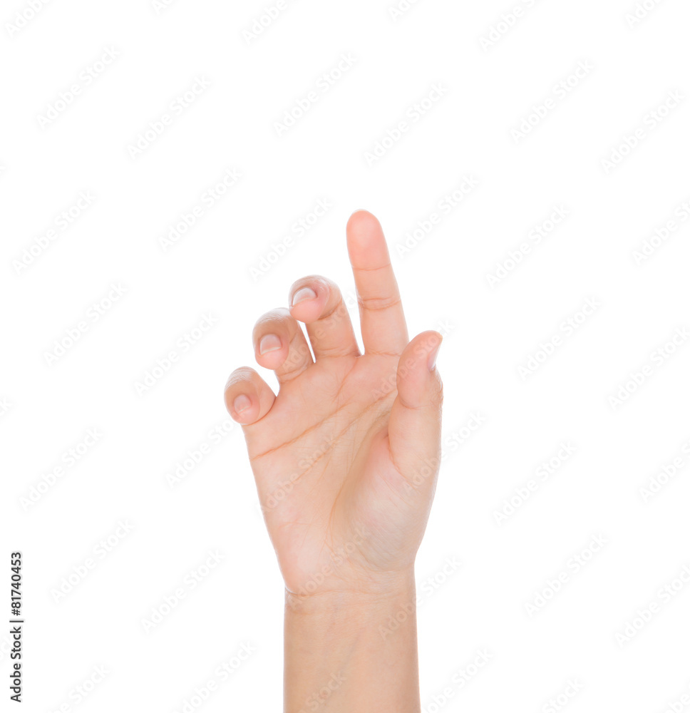 Woman hand touching virtual screen isolated on white background Woman hand touching virtual screen isolated on white background