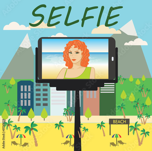 Woman makes selfie using a monopod and a smartphone