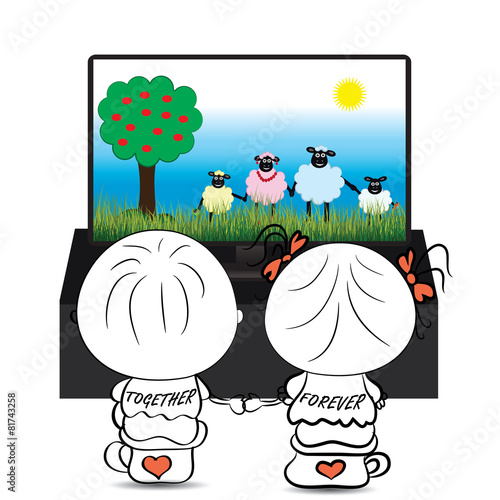 Couple boy and girl watching cartoon about cute sheep on TV