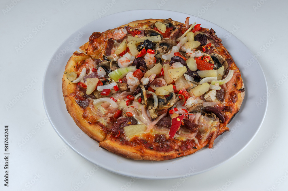 Small pizza on a plate on white background