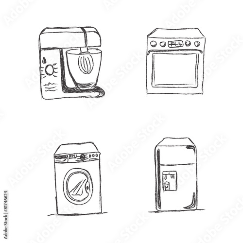 Set, kitchen, appliances, sketch, vector, illustration photo