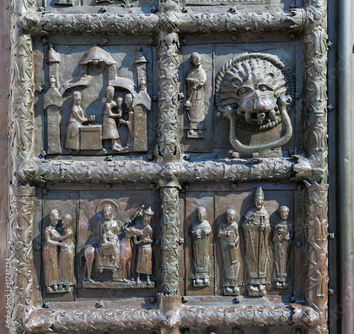 Detail of the bronze gates of St. Sophia Cathedral in Veliky Nov
