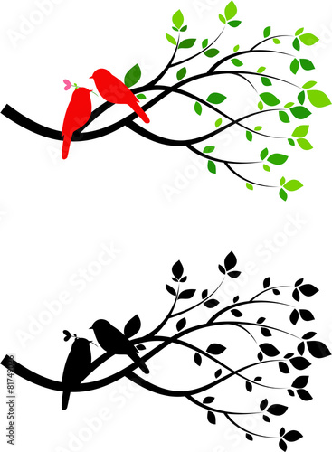 Illustration of tree silhouette with birds in love