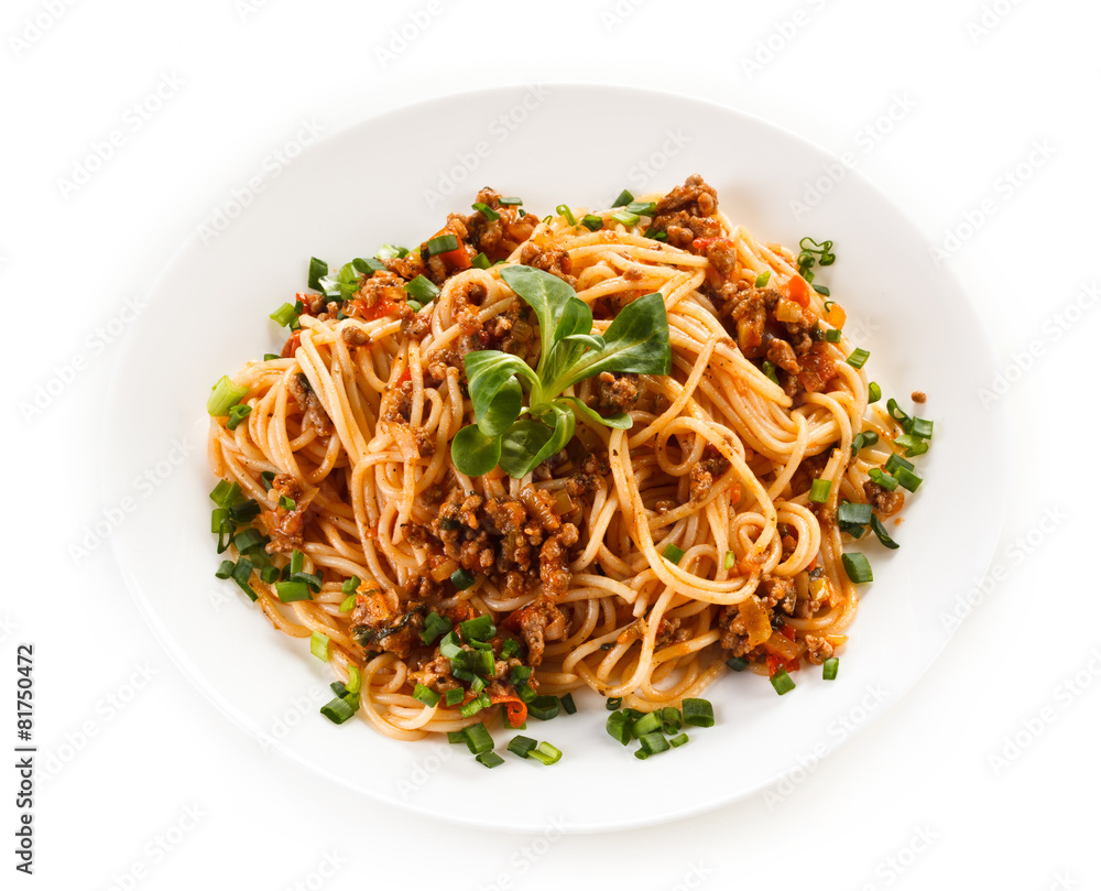 Pasta with meat, tomato sauce and vegetables