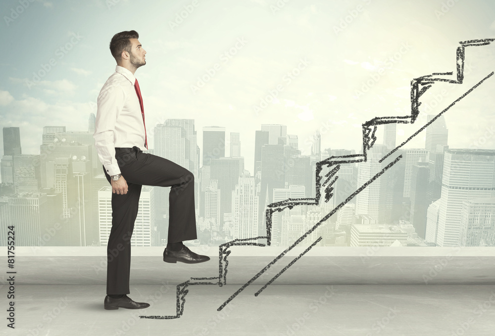 Business man climbing up on hand drawn staircase concept Business man climbing up on hand drawn staircase concept