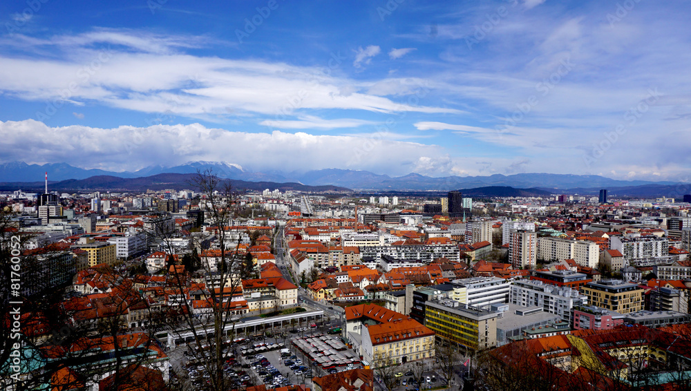 Bird eye view of Ljubljana old town city in Slovenia