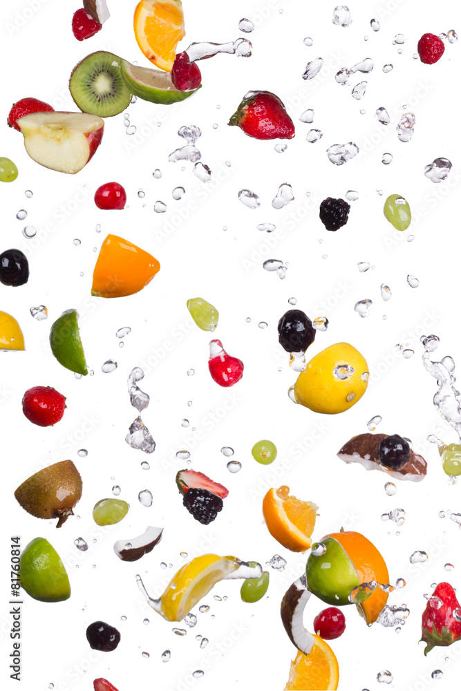 Mix of fruits with water splashes on white Mix of fruits with water splashes on white