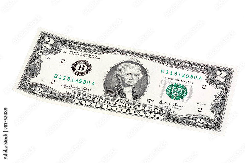 Made an angle end stacked shot of lucky 2 dollar bill. Made an angle end stacked shot of lucky 2 dollar bill.