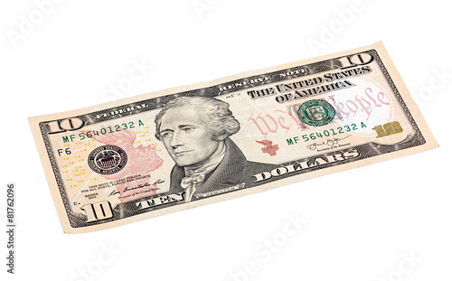 10 U.S. dollars stacked, isolated on white.