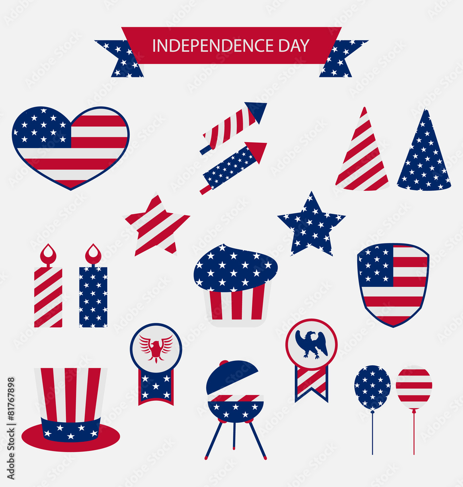 Obraz premium Icons Set USA Flag Color Independence Day 4th of July