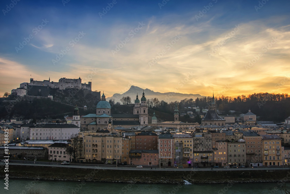 Aerial view of Salzburg at sunset