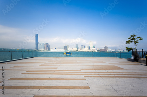 Empty footpath with cityscape at far away