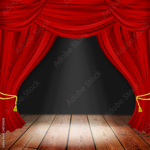 Theater stage with red curtains and spotlights. Theatrical scene