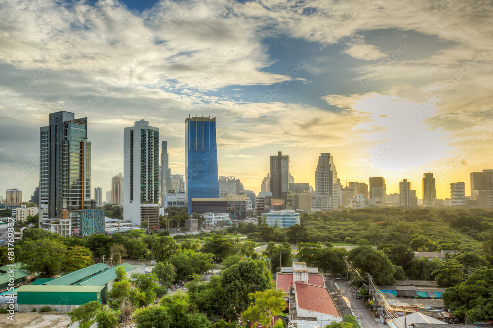 Modern city at sunrise,