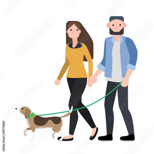 couple walking with their dog ,vector illustration 