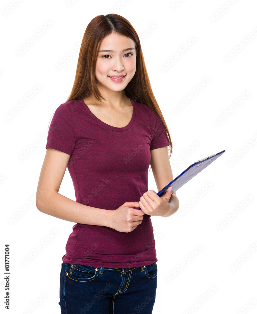 Young woman doing questionnaire