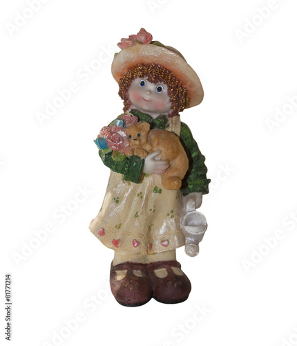 Porcelain figurine: Girl with watering can and a dog. Isolated o