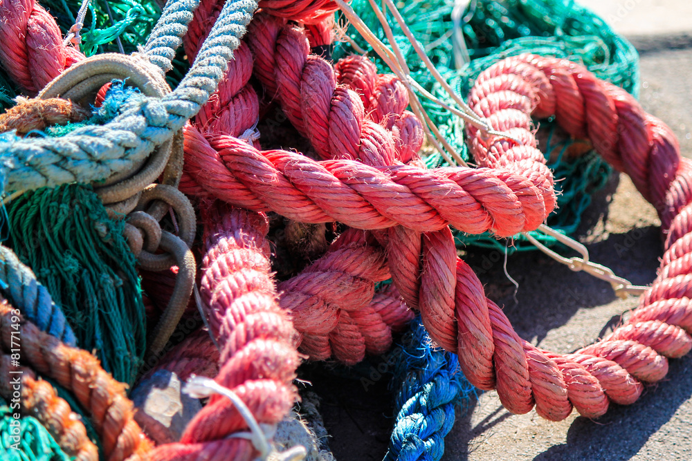 Colorful fishing ropes close up.