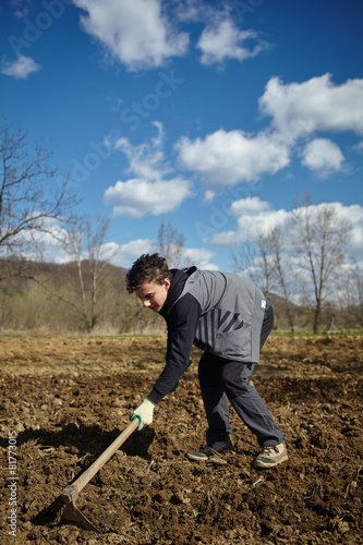 Teenager boy with a hoe sowing potatoes