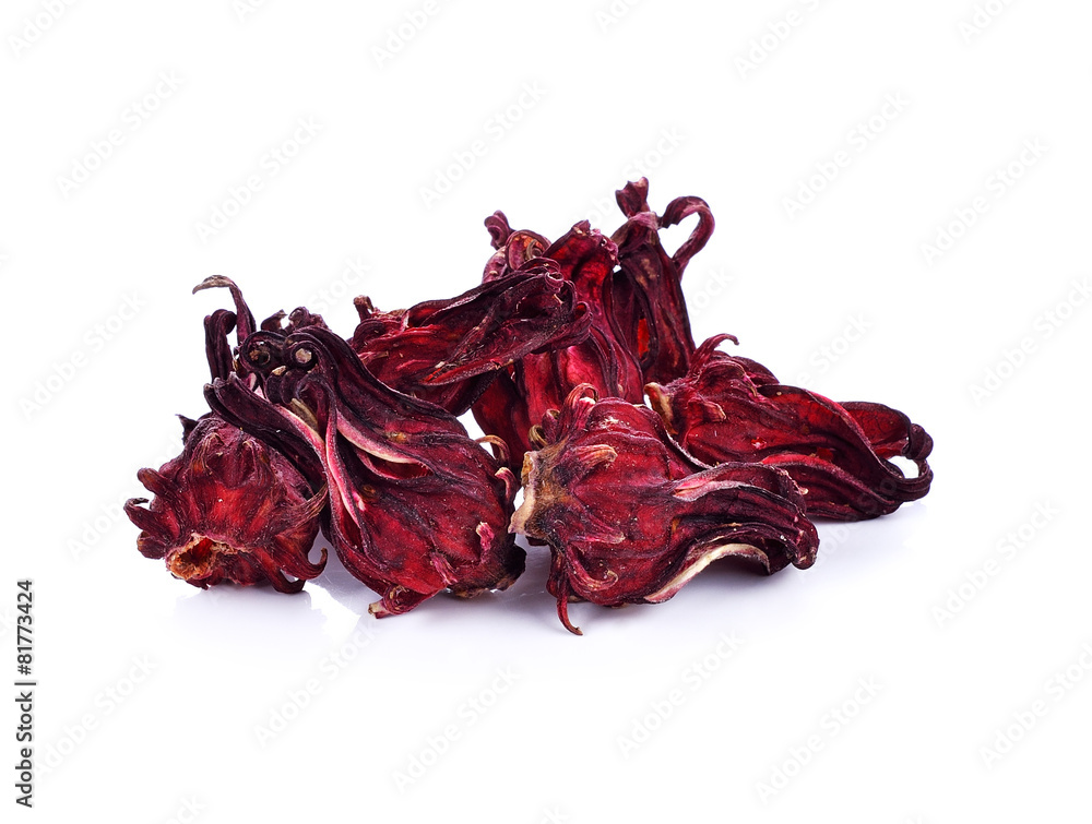 Obraz premium dried hibiscus sabdariffa or roselle fruits on white.