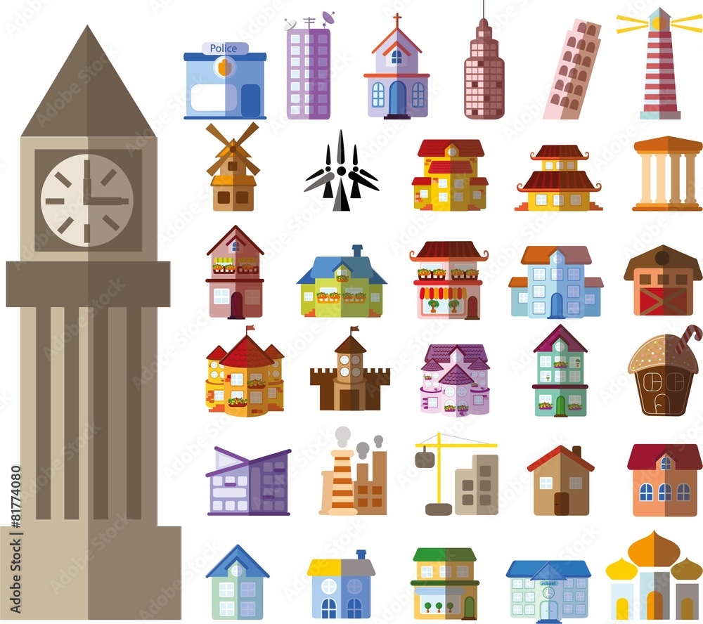 Set of different buildings and houses icons in the flat style 