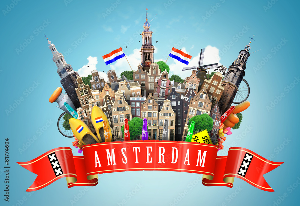 Fototapeta premium Amsterdam collage, cheese and Dutch houses with Souvenirs