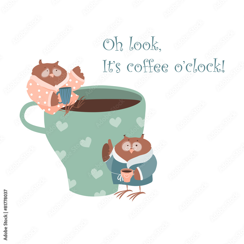 Fototapeta premium Cute owl with coffee mug