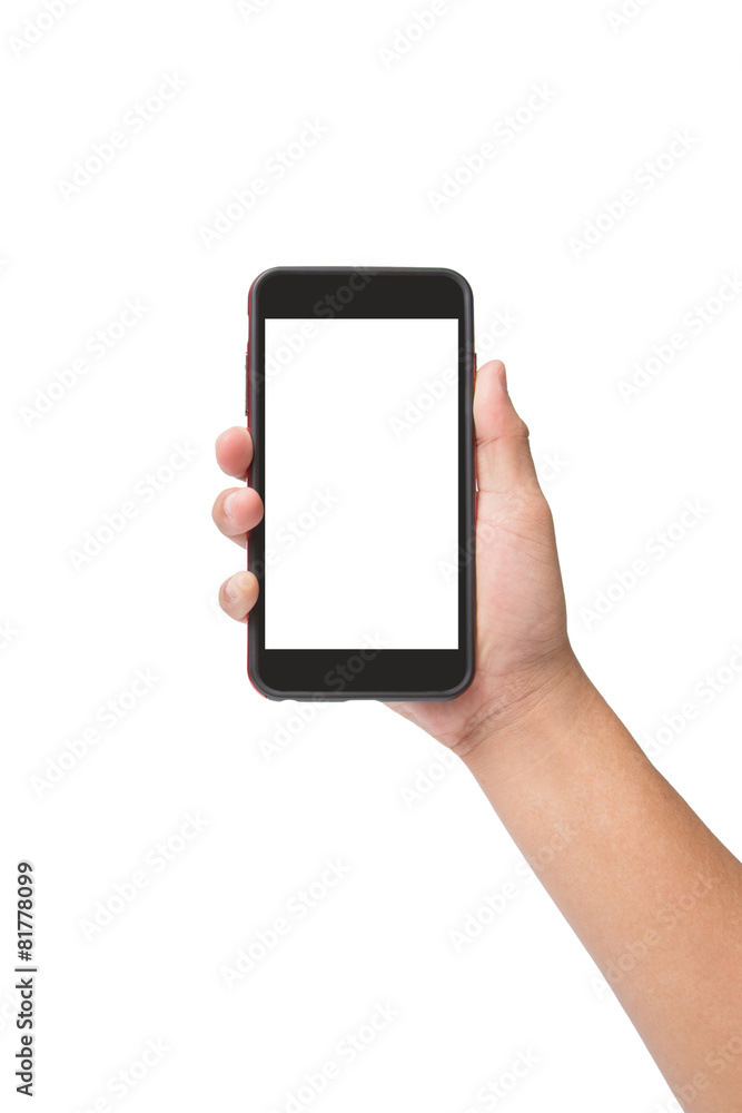 Hand holding smart phone with touchscreen isolated on white Hand holding smart phone with touchscreen isolated on white
