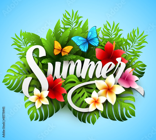 Inscription summer. Vector illustration with tropical plants and