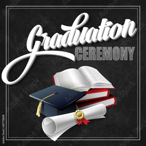 Graduation Ceremony. Book, hat and certificate. Vector