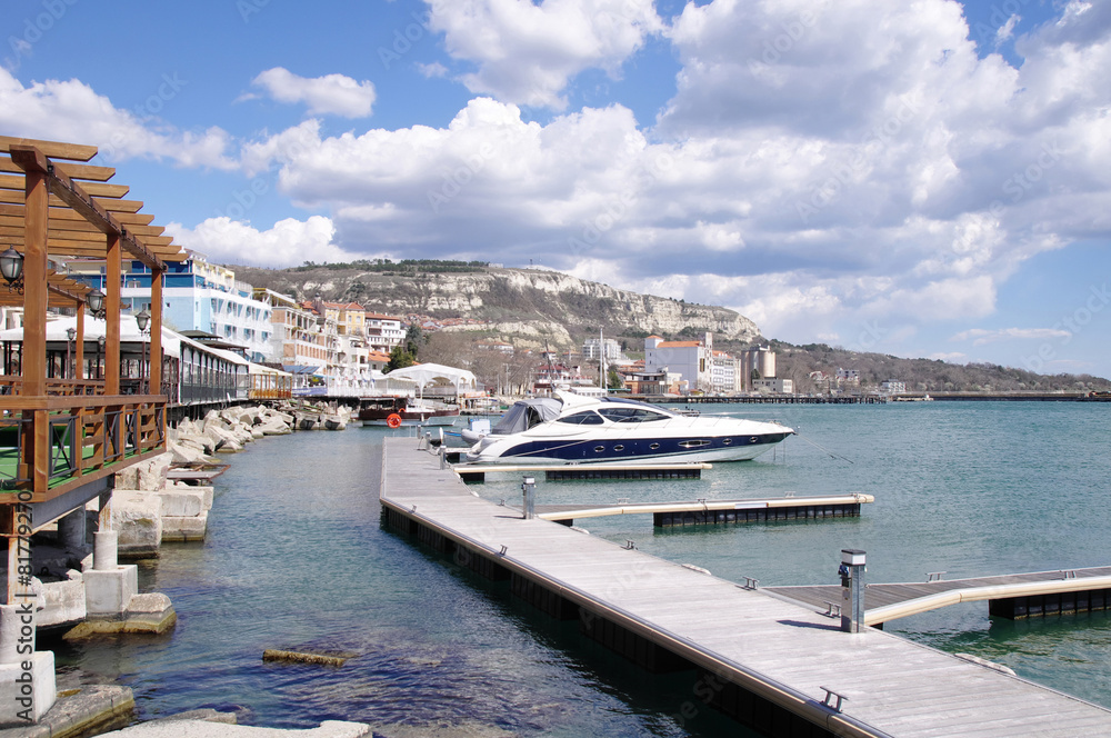 Fototapeta premium Marine harbor with boats in town Balchik, Bulgaria
