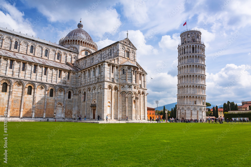 Cathedral and the Leaning Tower of Pisa at sunny day, Italy