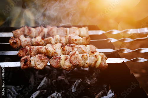Photos Grilling marinated shashlik