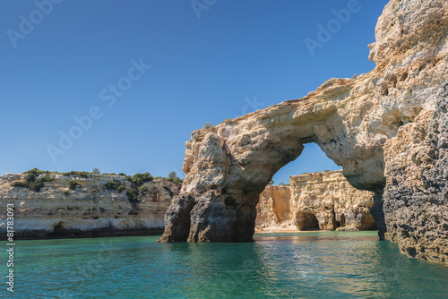 View of the cliffs on the coast of the Algarve in Portugal.