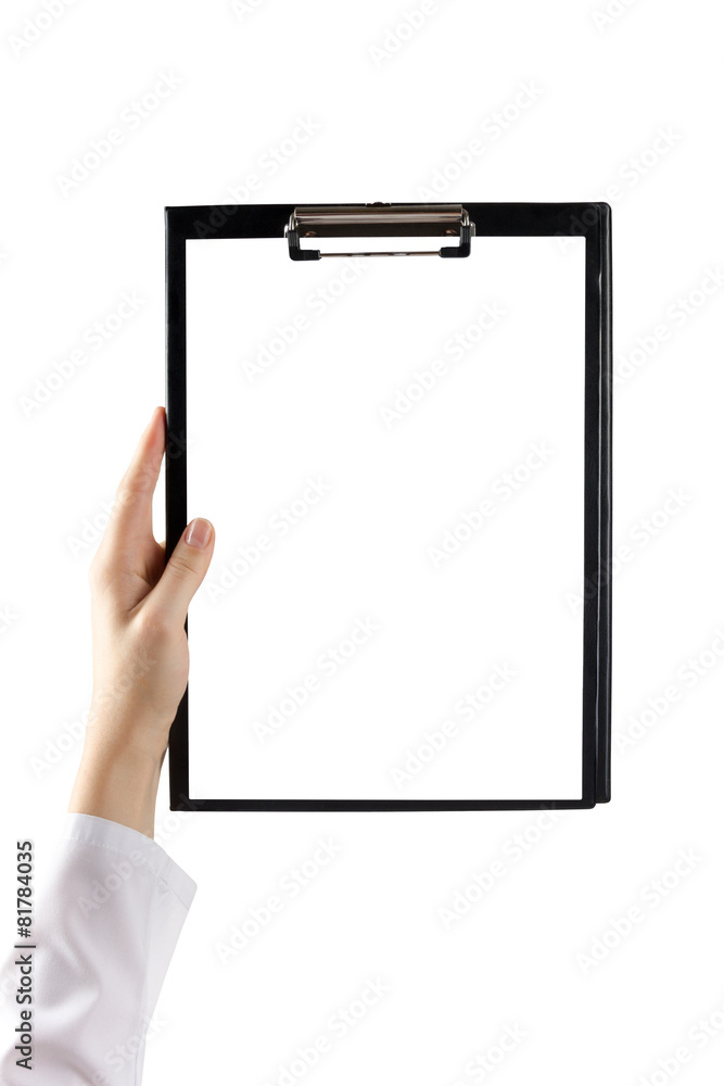 Female doctor's hand holding medical clipboard with blank sheet Female doctor's hand holding medical clipboard with blank sheet