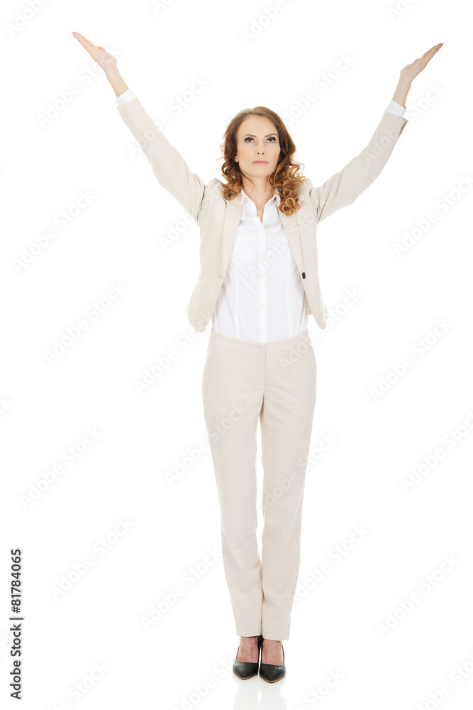 Businesswoman with open hands up. Businesswoman with open hands up.