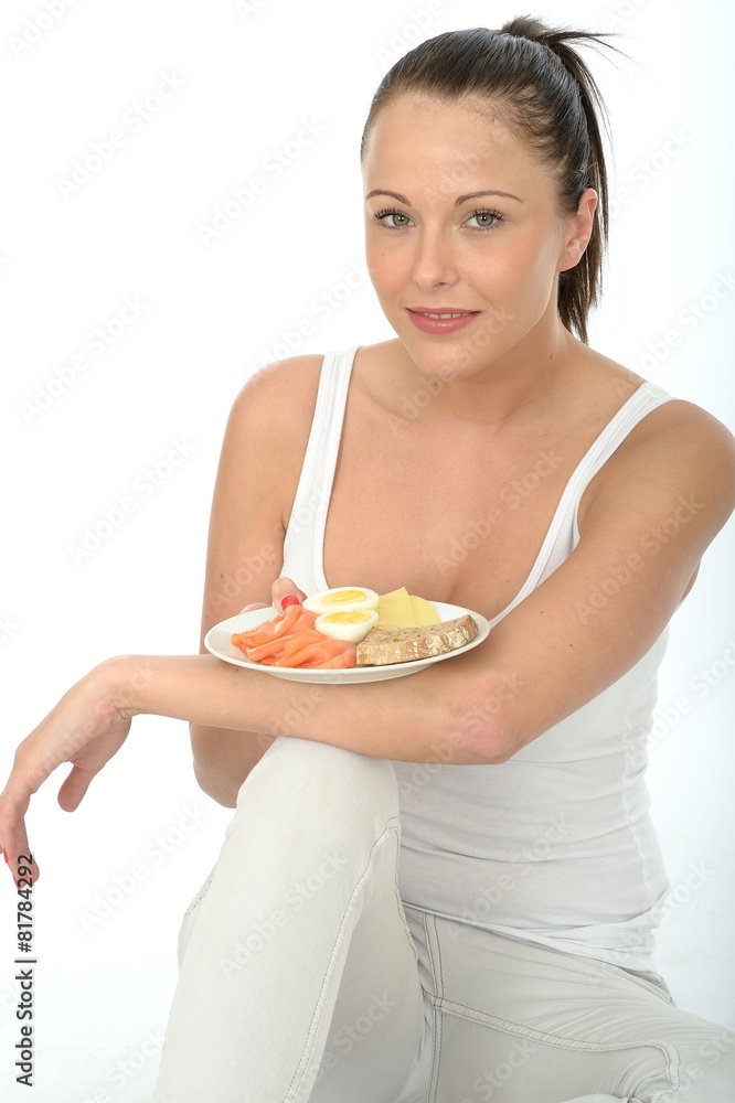 Healthy Young Woman Holding a Typical Norwegian Breakfast Healthy Young Woman Holding a Typical Norwegian Breakfast
