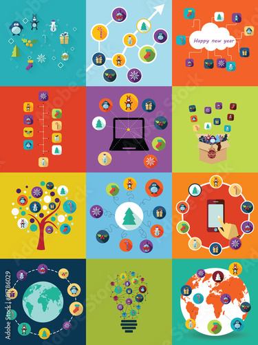 Flat concept, set modern design with shadow happy new year