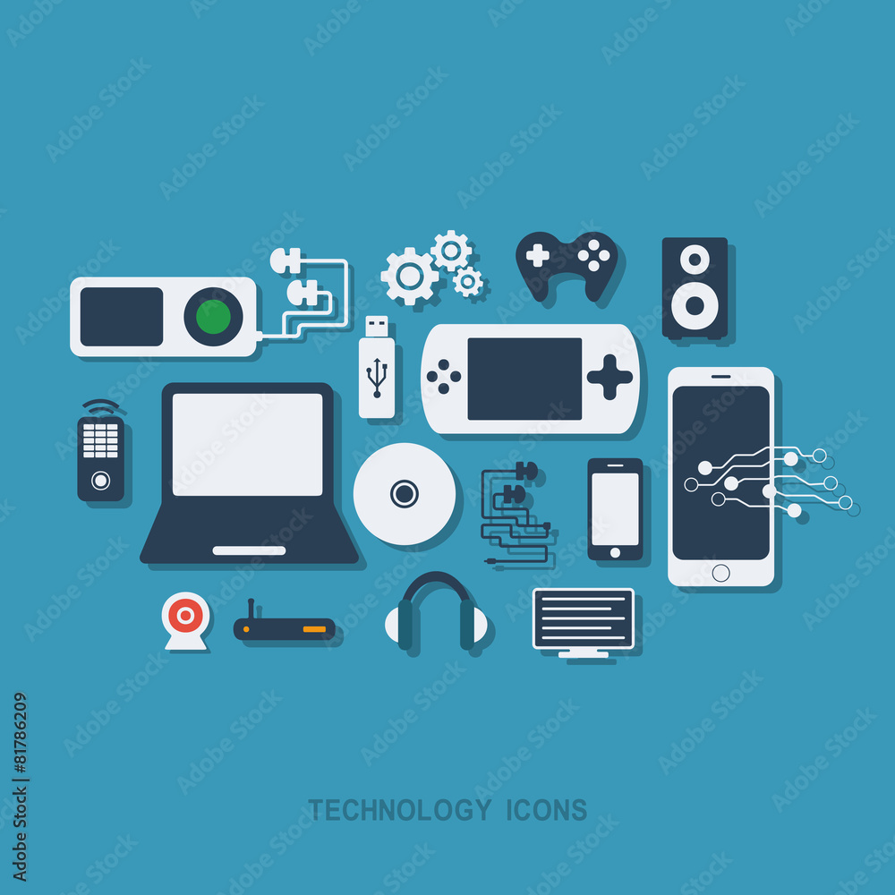 Flat concept, set modern design with shadow technology icons Flat concept, set modern design with shadow technology icons