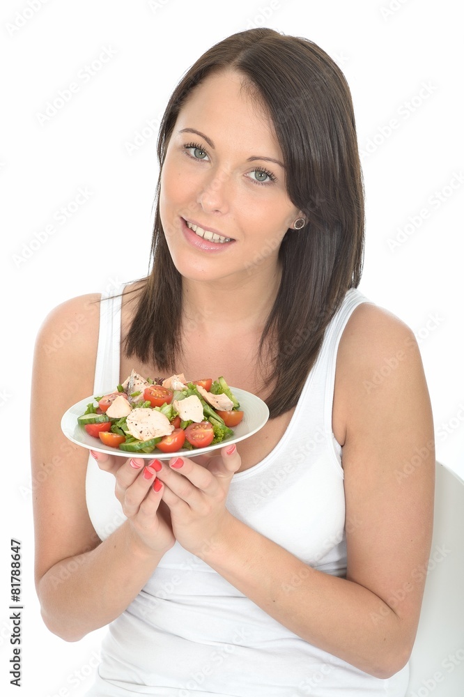 Young Healthy Happy woman Holding a Plate of Salmon Salad