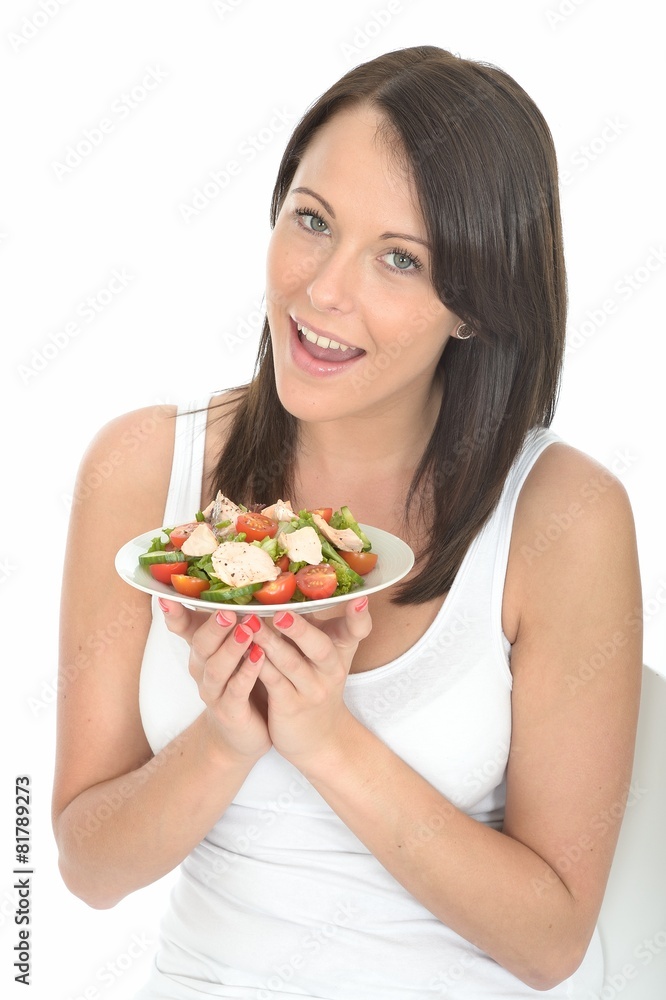 Young Healthy Happy woman Holding a Plate of Salmon Salad Young Healthy Happy woman Holding a Plate of Salmon Salad