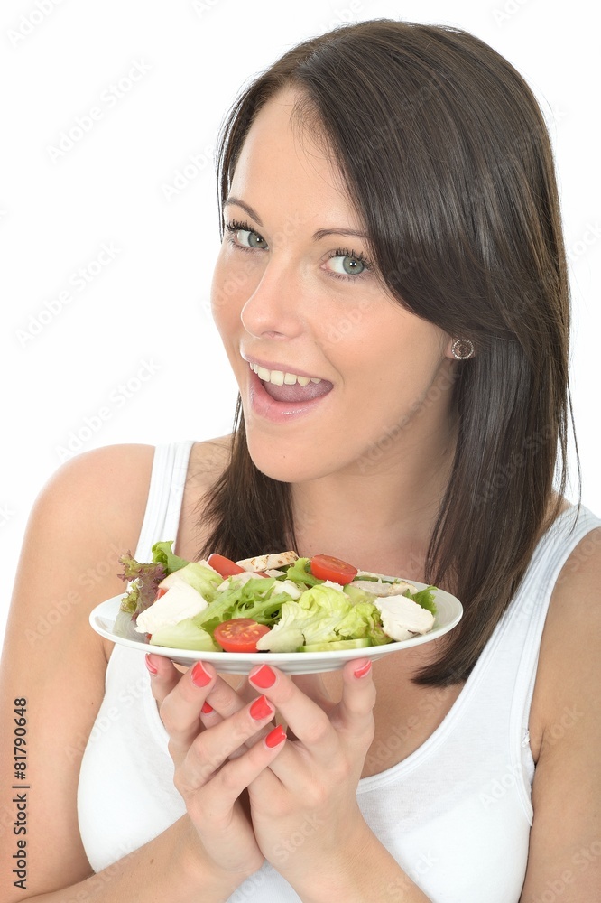 Attractive Healthy Young Woman Holding a Plate of Chicken Salad Attractive Healthy Young Woman Holding a Plate of Chicken Salad