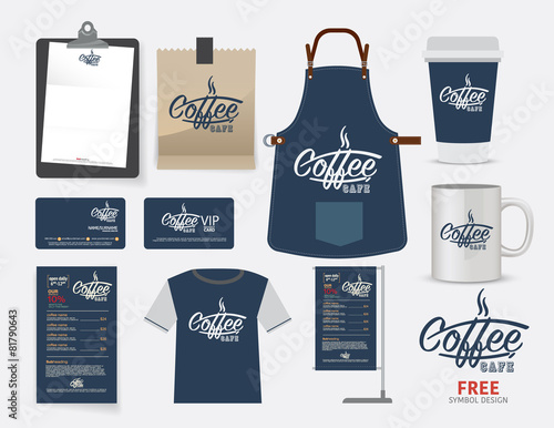 Vector coffee cafe restaurant set, T-Shirt, menu, namecard and f