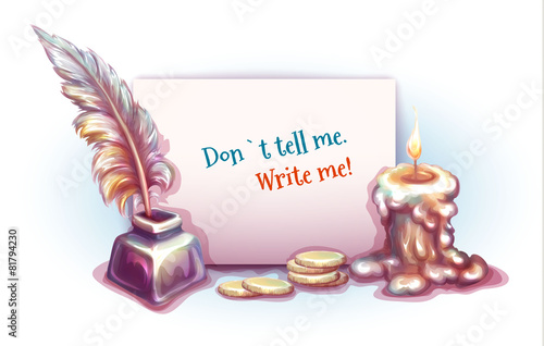 Vector banner with candle, money, inkwell and feather