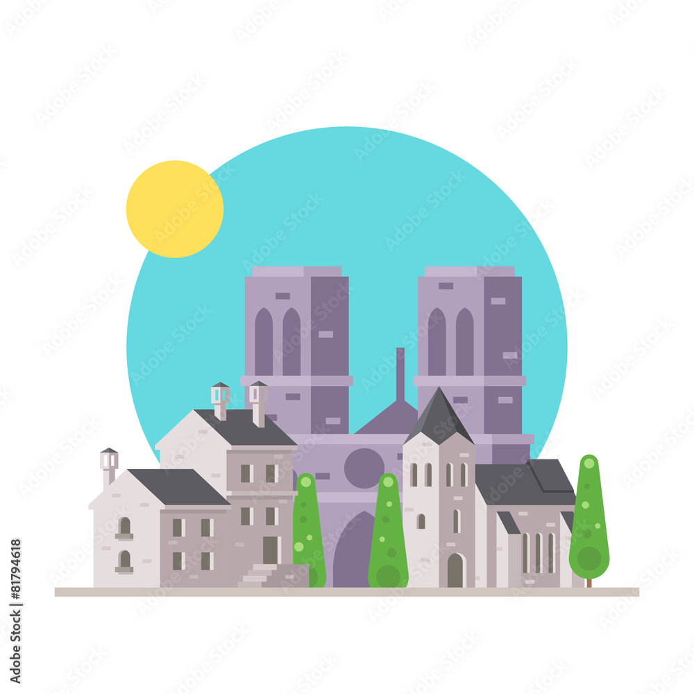 Flat design of Notre Dame France with village Flat design of Notre Dame France with village