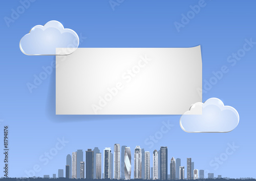 Page 1 of 5 with blue sky, abstract city, skyscrapers